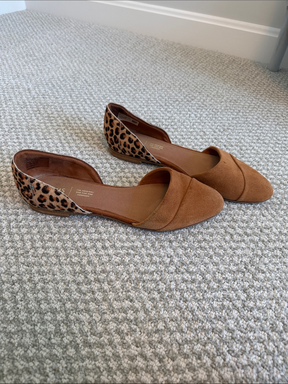 Toms Tan Suede D'Orsay Flats with Leopard Heel Accent- SIZE 9!